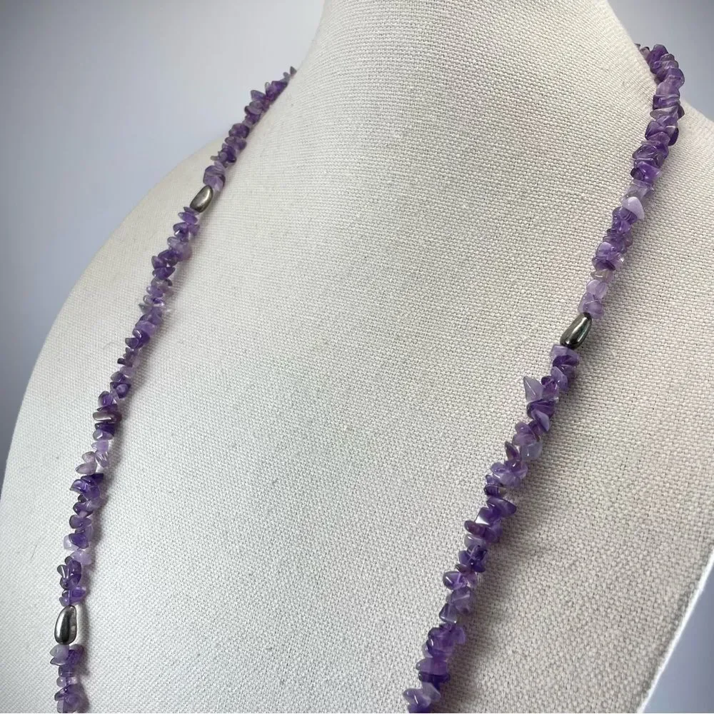 925 Sterling Silver Unsigned Long Amethyst Hematite Single Strand Necklace